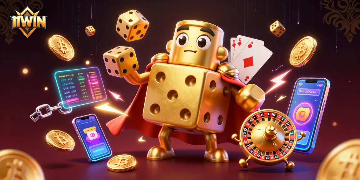 Experience thrilling gameplay with 11WIN as a golden dice golem juggles dice and crypto coins.