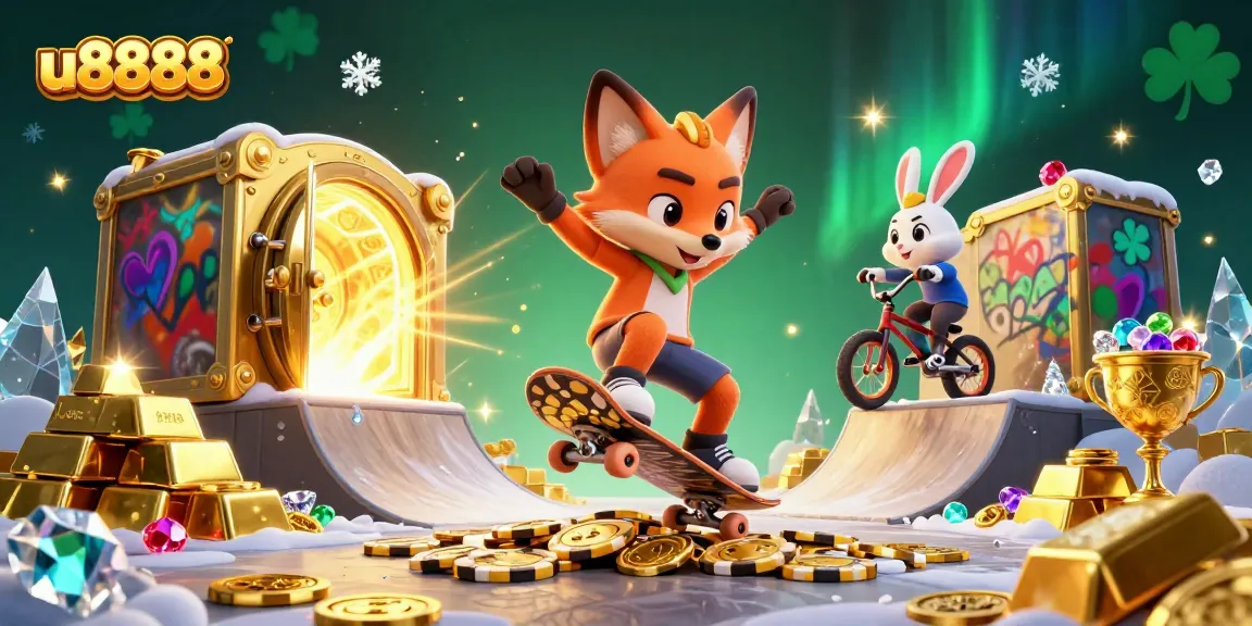 Experience thrilling games with u8888, featuring a skateboarder fox and BMX rabbit in a vibrant casino scene.