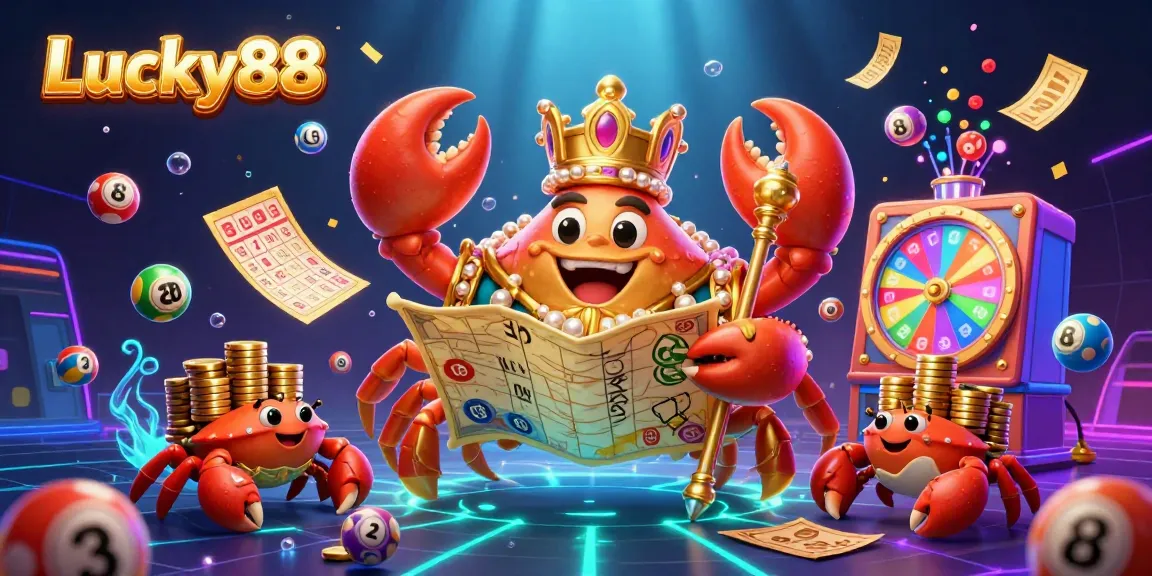 Engage with the exciting world of Lucky88, featuring a golden crab emperor and lottery games, capturing vibrant casino energy.