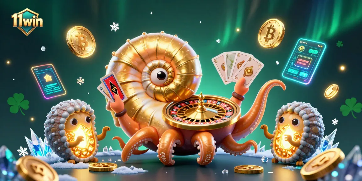 Engage in thrilling casino gameplay with 11win's vibrant design showcasing a mystical nautilus and crypto elements.