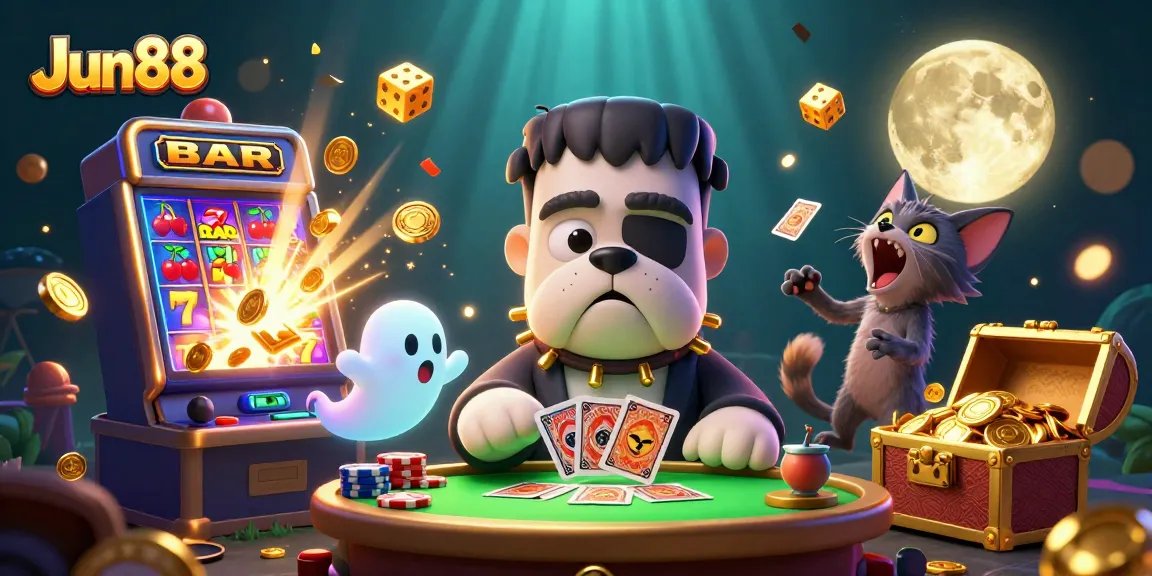 Experience thrilling gaming action with Jun88's vibrant 3D illustration featuring cartoon characters in a casino setting.