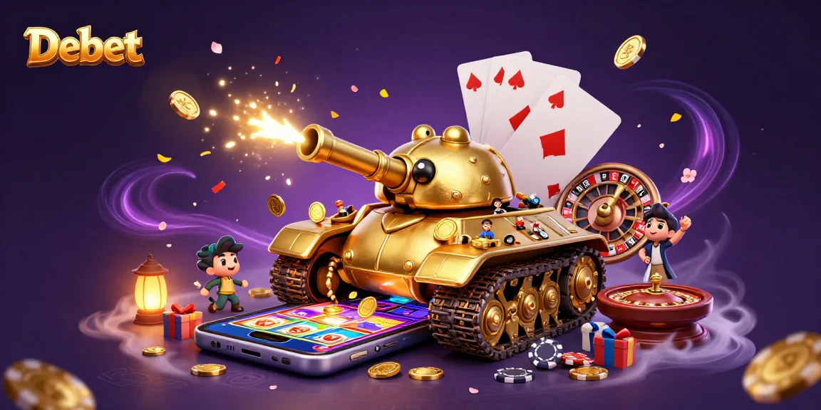 Engage in the Debet casino experience with a vibrant 3D illustration showcasing lively gaming elements.