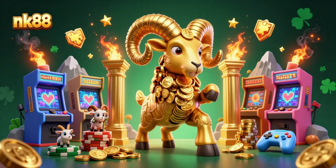 Experience nk88 epic gaming riches with a golden ram charging at a casino gate filled with arcade extravaganza.