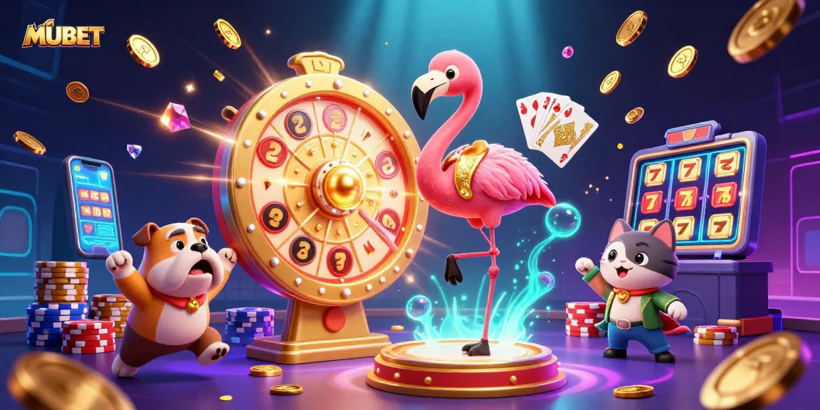 MUBET game show scene showcasing excitement and winning with a flamingo host and bulldog contestant.