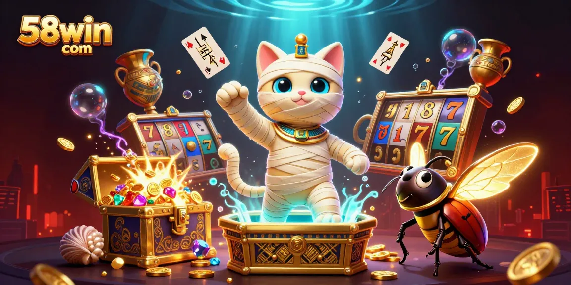 Engage in thrilling action at 58win com with a lively scene of a mummy cat and treasures bursting from a casino.