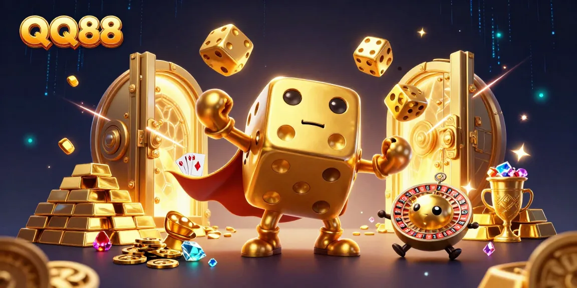 Players winning big at QQ88 with golden dice, jewels, and casino elements in a vibrant scene.