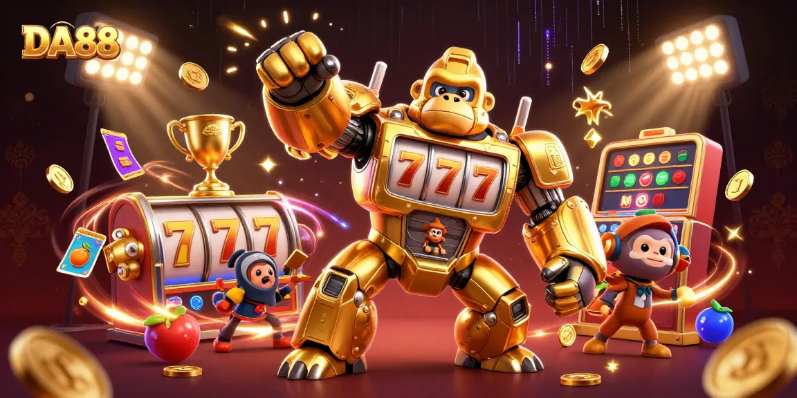 Experience DA88 in action with a golden gorilla mech smashing through the slot game world while coins fly!