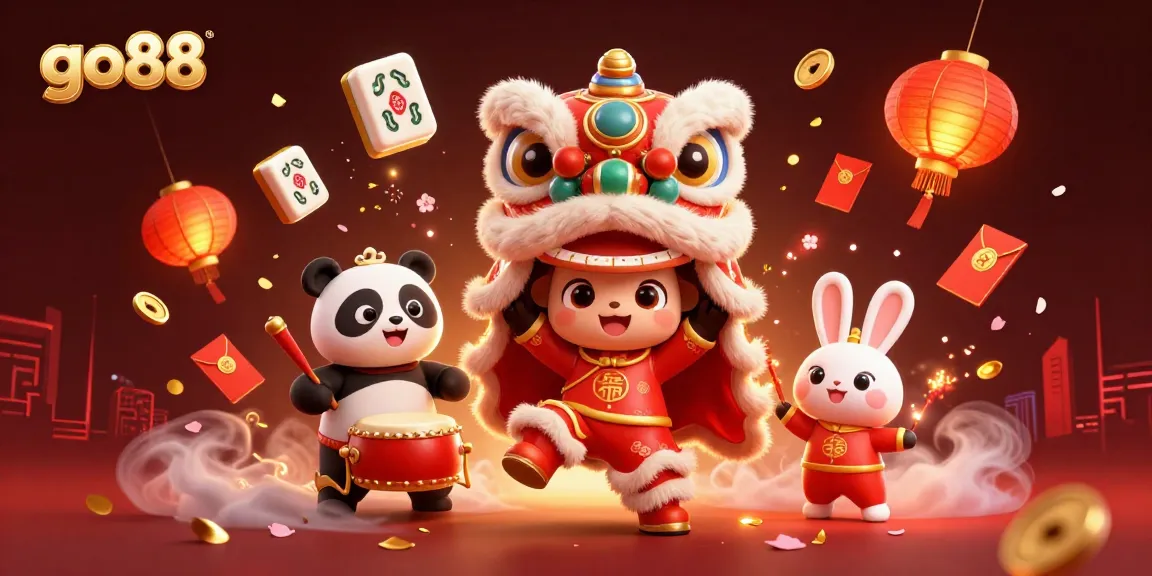 Engage with go88's vibrant gaming universe featuring a lion dance, panda, and rabbit in a festival atmosphere.