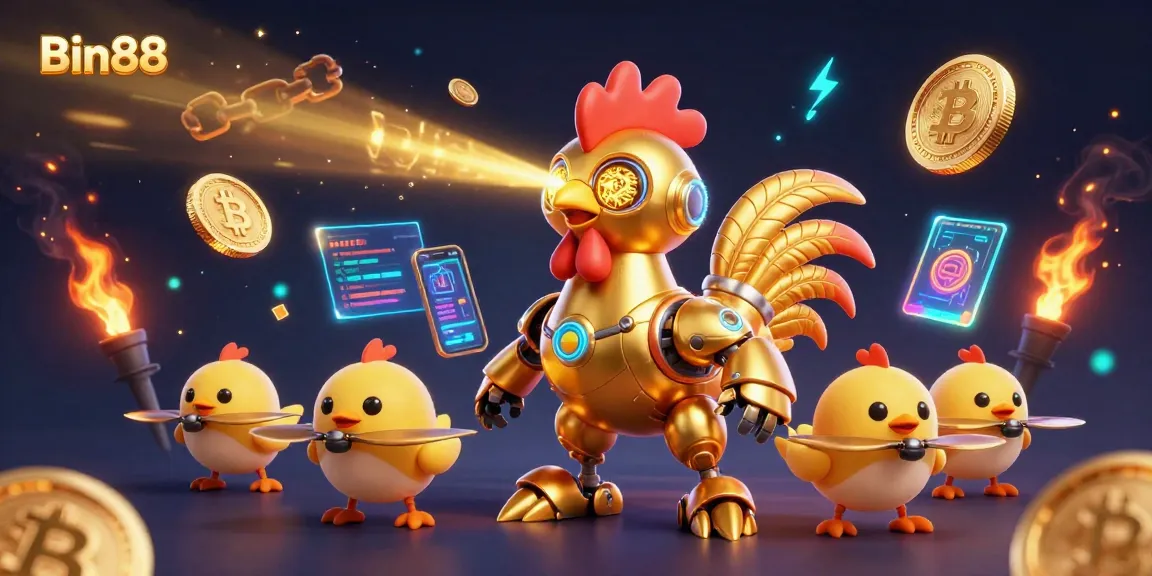 Engage in thrilling gameplay at Bin88 casino with vibrant 3D robot and crypto elements.