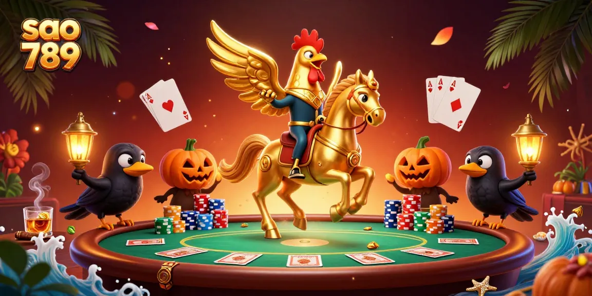 Experience thrilling gameplay at sao 789 with golden rooster and spectral horse in a vibrant casino setting.