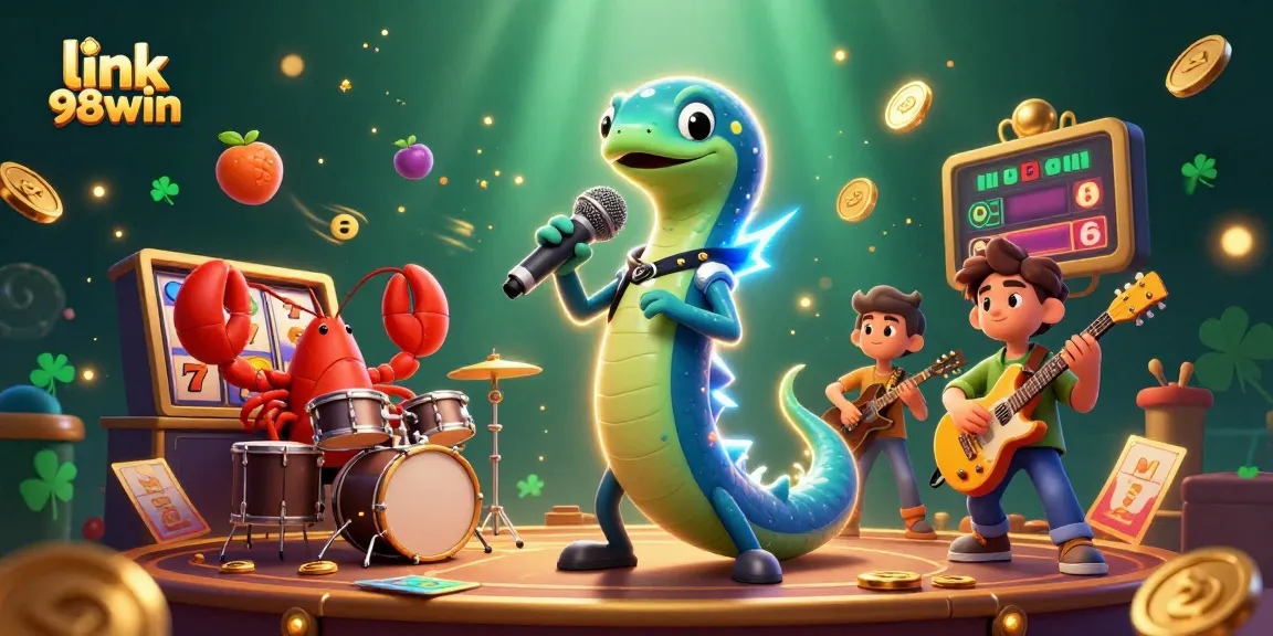 Experience thrilling action at link 98win with a vibrant 3D casino scene featuring an electric eel DJ.