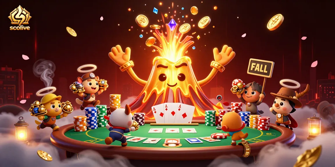 Socolive showcases a vibrant illustration of a golden volcano with treasure, poker elements, and adventurous animals, capturing dynamic gambling excitement.