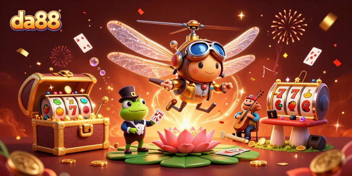 da88 enhances your gaming with a vibrant scene of a dragonfly pilot and frog dealer in a fantasy casino.