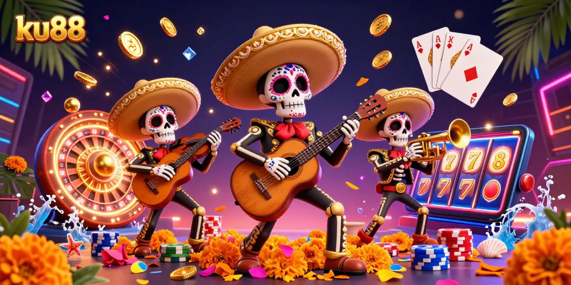Experience the thrill of gambling with ku88 in a vibrant 3D illustration of a mariachi band amid casino elements.
