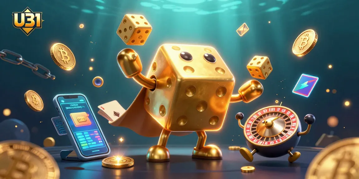 Experience thrilling gaming at U31 with our dynamic casino-themed illustration featuring golden dice and crypto elements.