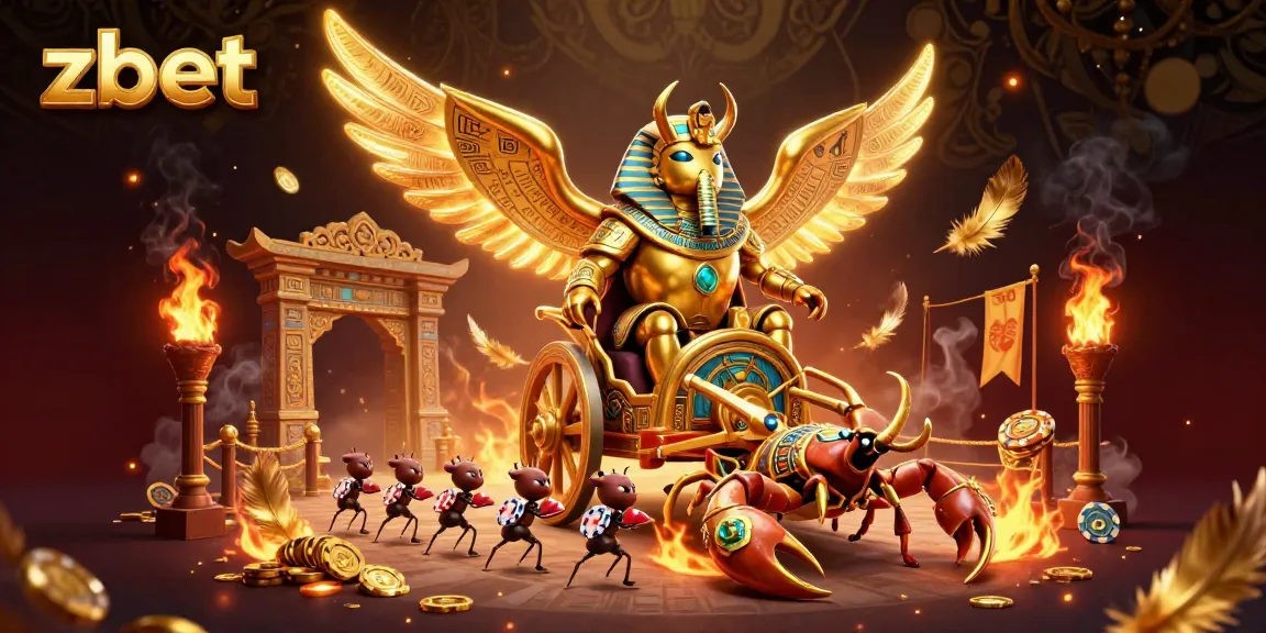 Engage with zbet's vibrant casino scene featuring a grand golden scarab and dynamic gambling elements.