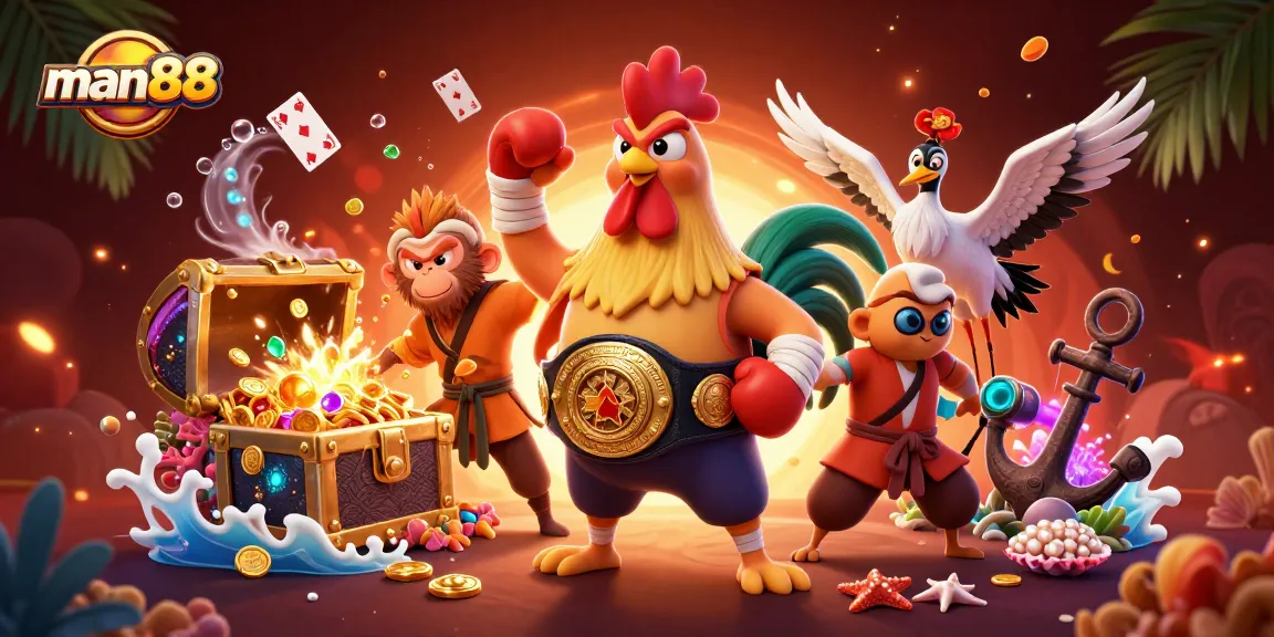 Experience excitement with man88 featuring a dynamic 3D casino scene with themed characters.