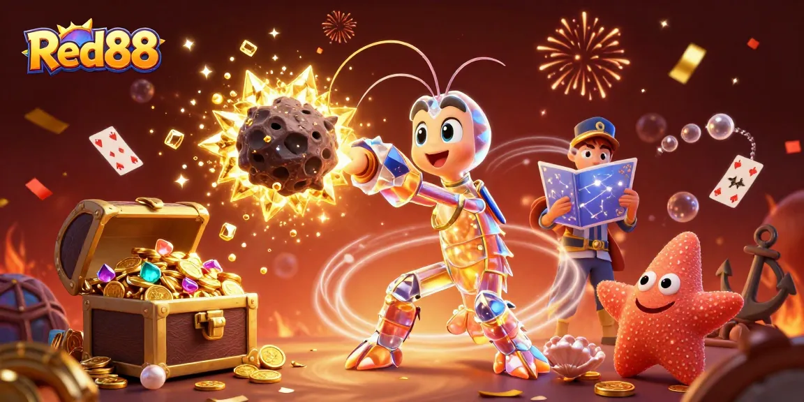 Engage in thrilling gameplay at Red88, where an adventurous mantis shrimp battles for treasure in a vibrant casino scene.