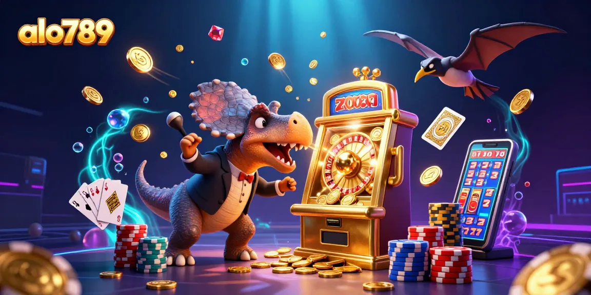 alo789 features a pachycephalosaurus hitting a slot machine, jackpot coins flying around in a casino setting.